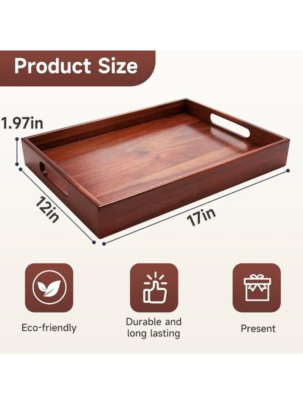 Large Acacia Wood Serving Tray with Handles - 17x12 Inch for Food & Drinks